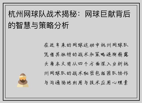 杭州网球队战术揭秘：网球巨献背后的智慧与策略分析