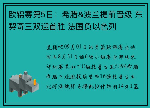 欧锦赛第5日：希腊&波兰提前晋级 东契奇三双迎首胜 法国负以色列