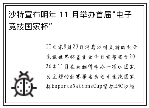沙特宣布明年 11 月举办首届“电子竞技国家杯”